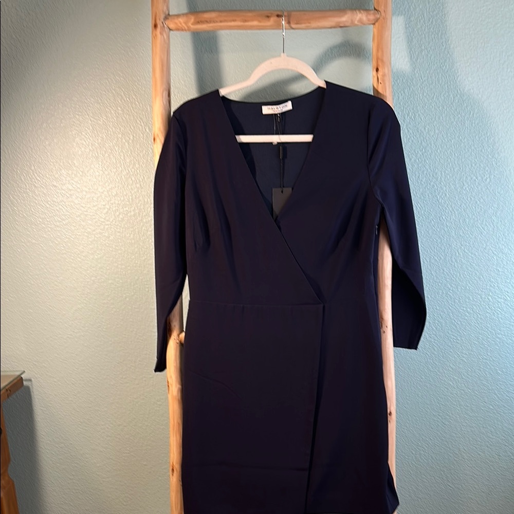 Halston Blue Sheath Dress V-Neck 3/4 Sleeve